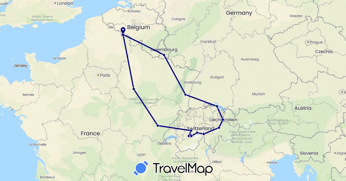 TravelMap itinerary: driving in Belgium, Switzerland, Germany, France, Liechtenstein, Luxembourg (Europe)